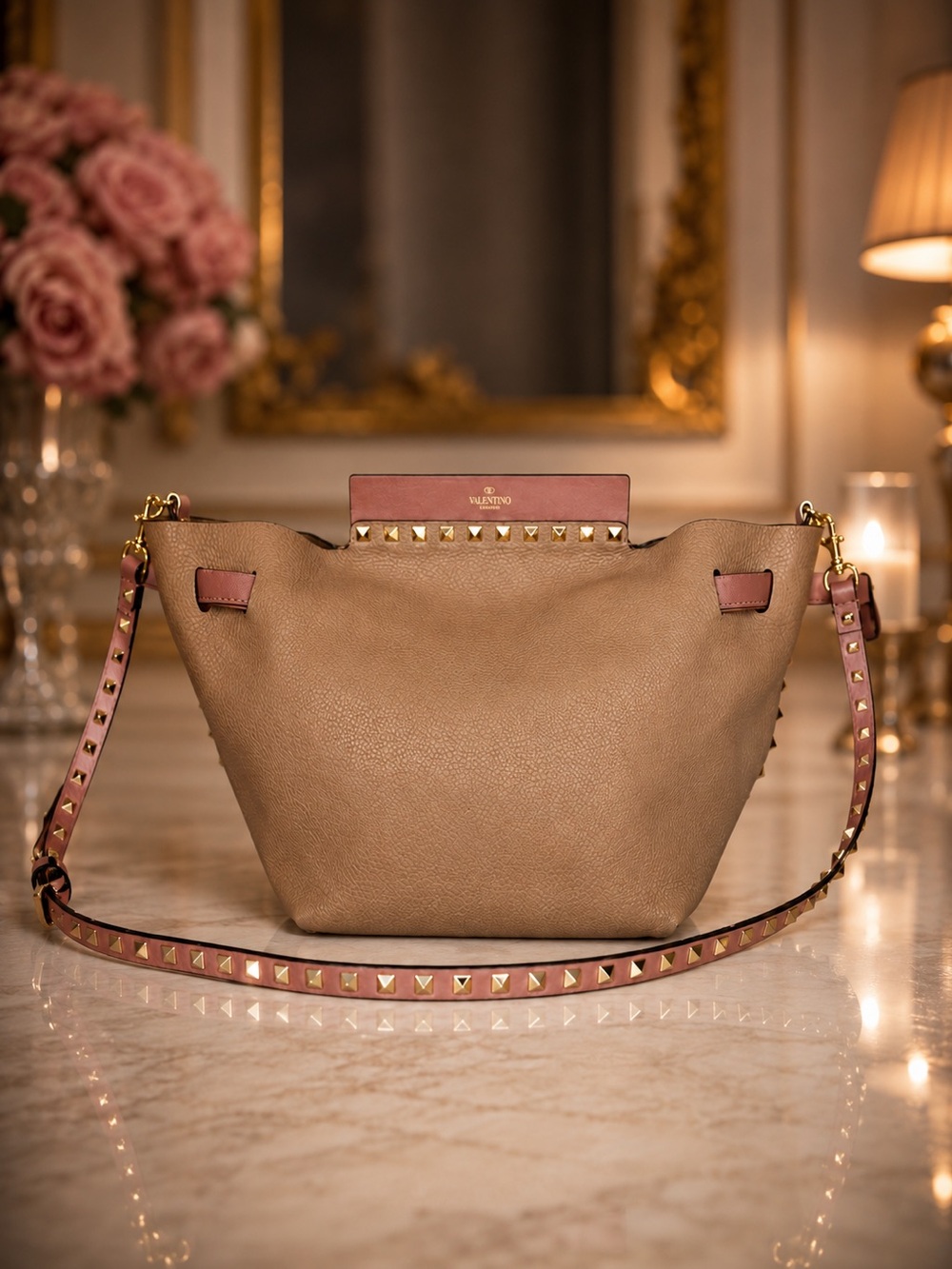 Valentino Garavani Rockstud Beige & Pink Crossbody Bag | Leather | Gold Studs